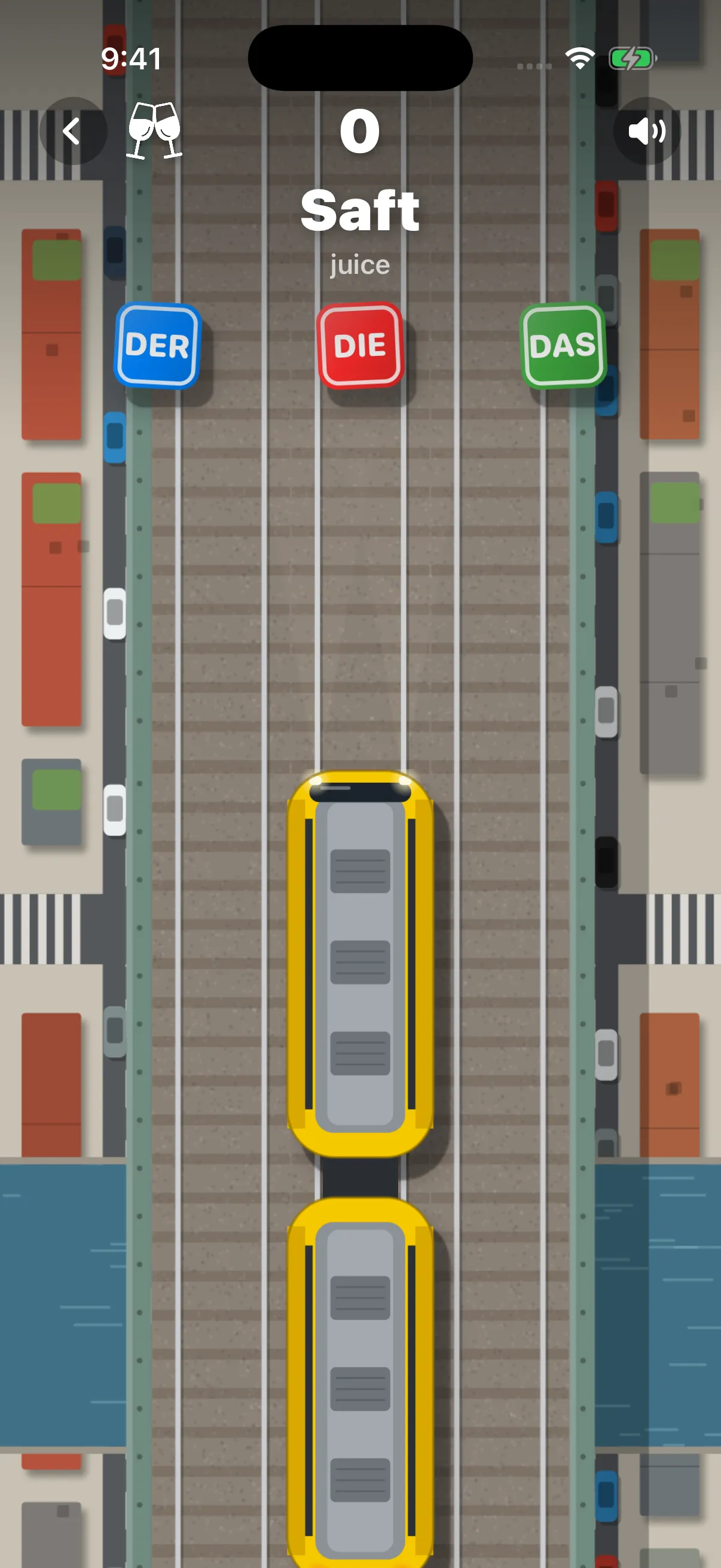The train game: steer the train to the right article for the word at the top, here “der Saft”.