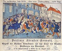 [1] Aufruhr vor dem Sitz des Ministerpräsidenten Rudolf von Auerswald (August 1848, zeitgenössischer Neuruppiner Bilderbogen)