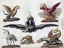 [1, 2] Fabelwesen. Darstellung F. J. Bertuch 1806: Basilisk, Vogel Roc, Phönix, Einhorn, Baromez oder Skythisches Lamm, Drache