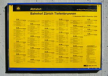 [1] ein Fahrplan für den Bahnhof Zürich Tiefenbrunnen