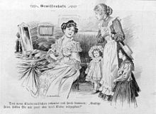 [1] Karikatur aus den Fliegenden Blättern von 1903: „Das neue Kindermädchen (athemlos nach Hauſe kommend): ‚Gnädige Frau, hatten Sie mir zwei oder drei Kinder mitgegeben?‘“