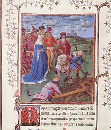 [1a] Jan van Eyck: Auffindung des Kreuzes Christi durch Kaiserin Helena, Turin-Mailänder Stundenbuch, um 1422