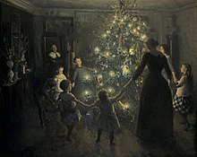 [1] heiterer Reigen um einen Weihnachtsbaum, dargestellt auf dem Gemälde »Glade jul« (Fröhliche Weihnachten) des Dänen Viggo Johansen; 1891