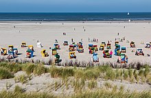 [1] Blick von den Dünen aus auf einen Abschnitt des Juister Strandes, auf dem Strandkörbe und Strandbesucher zu sehen sind;
Aufnahme von Benutzer Dietmar Rabich am 4. Oktober 2014 (CC BY-SA 4.0)