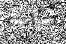 [2] sichtbargemachter Nordpol (N) und Südpol (S) eines Stabmagneten