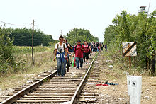 [1] Flüchtlinge auf der sogenannten Balkanroute, Ungarn nahe der serbischen Grenze; Aufnahme vom 10. August 2015