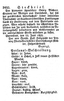 [1] historischer Steckbrief, mit dem Georg Büchner gesucht wurde