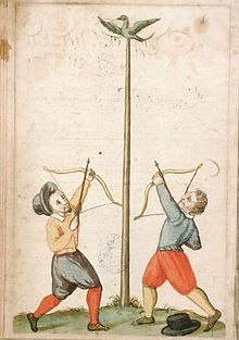 [2] Bogenschützen beim Papageienschießen in Avignon; Illustration aus dem 17. Jahrhundert